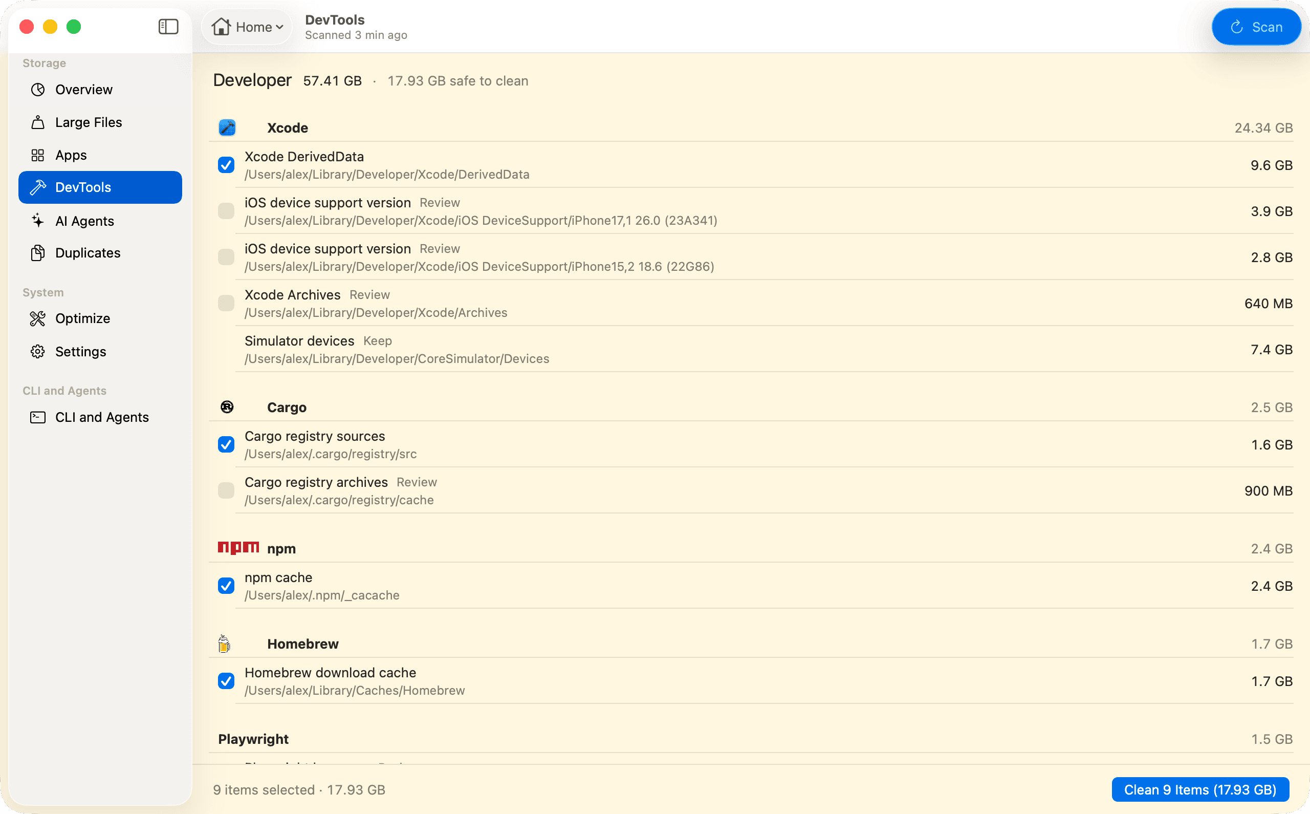 The DevTools view: developer data takes 57.41 GB, 17.93 GB of it safe to clean. Items are grouped by tool (Xcode, Cargo, npm, Homebrew, Playwright), each with its path and size. Safe items such as Xcode DerivedData at 9.6 GB are ticked; iOS device support and Xcode Archives are marked Review, Simulator devices Keep. The button reads Clean 9 Items (17.93 GB).