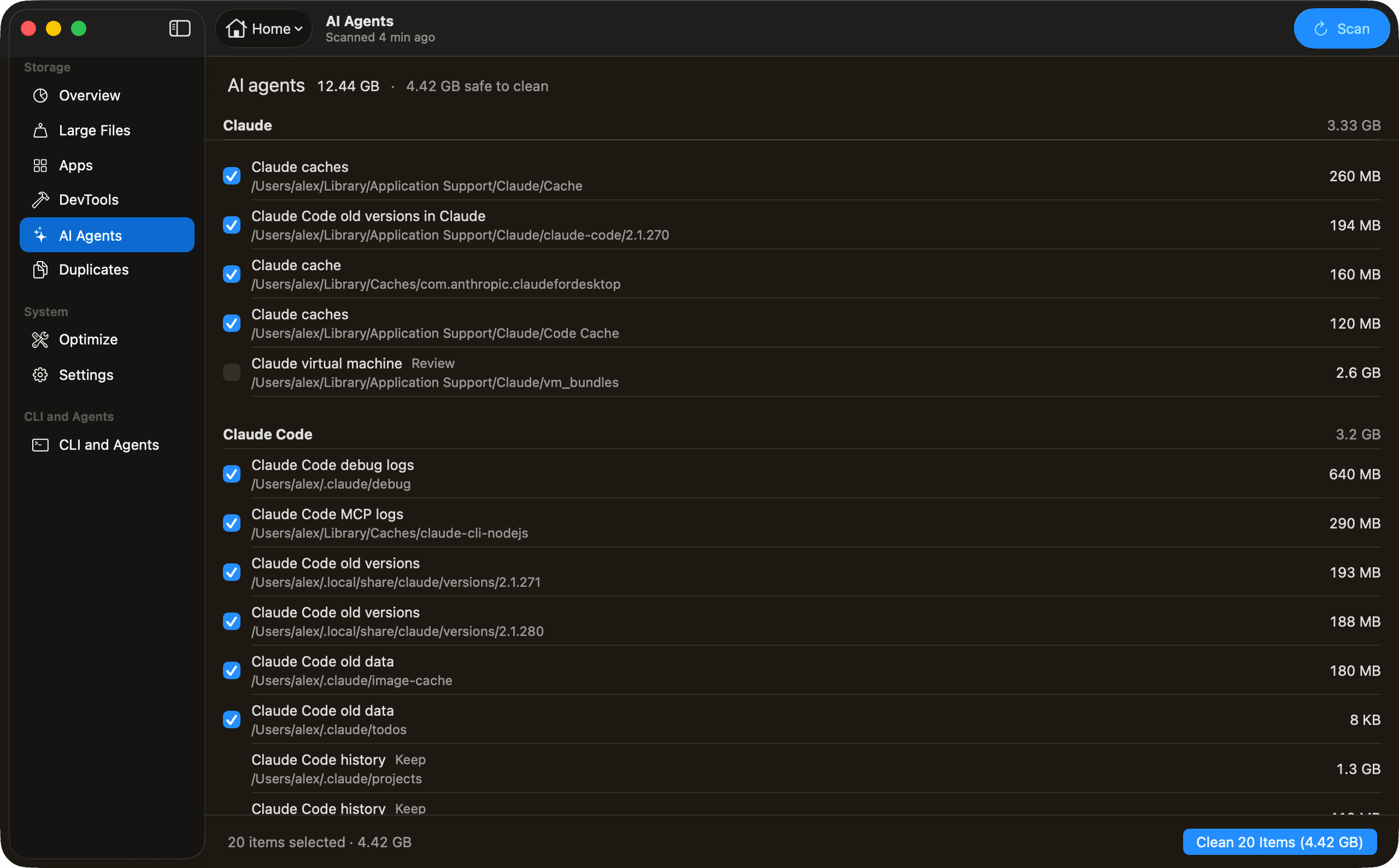 The AI Agents view, in dark mode: 12.44 GB, 4.42 GB of it safe to clean. Claude's and Claude Code's caches, logs and old versions are listed with their paths and sizes and ticked. Claude's virtual machine, 2.6 GB, is marked Review, and Claude Code's history is marked Keep. The button reads Clean 20 Items (4.42 GB).
